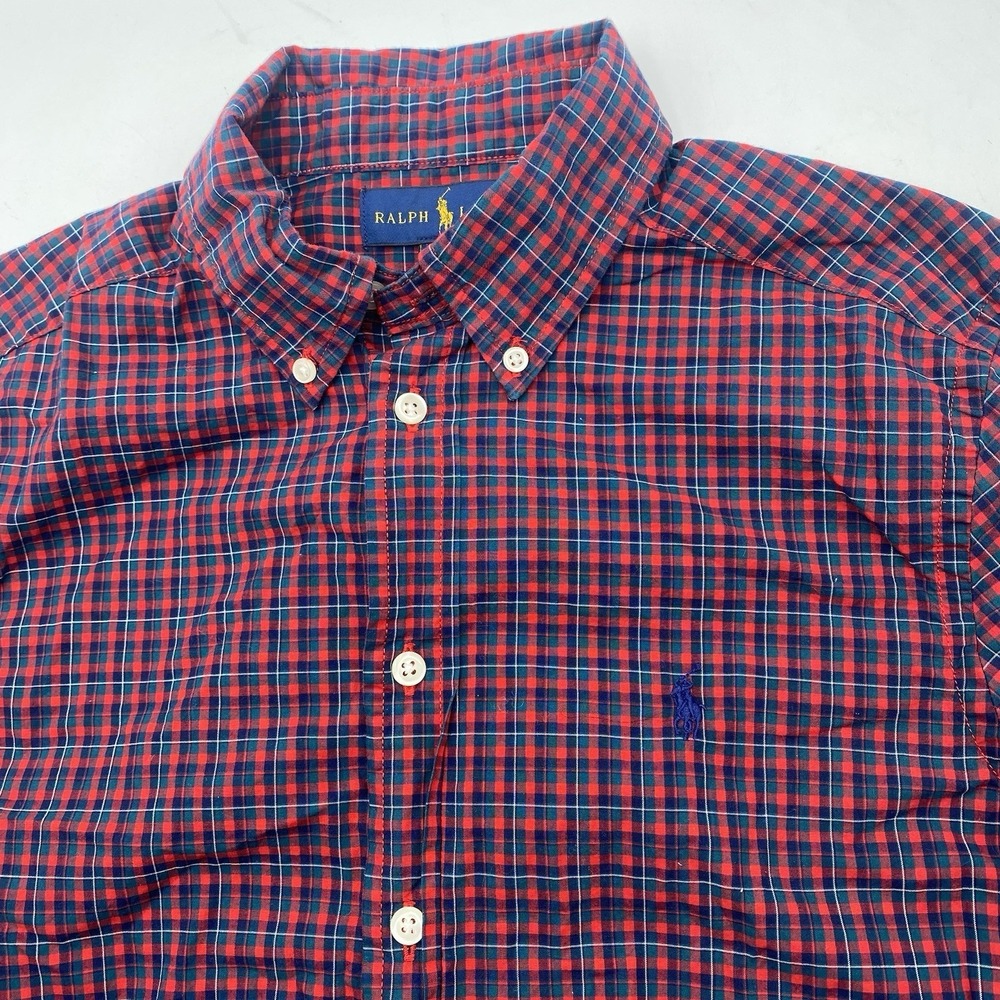 Ralph‎ Lauren Polo Boys Large 14-16 Long Sleeve Red Plaid Oxford Shirt Pony Logo